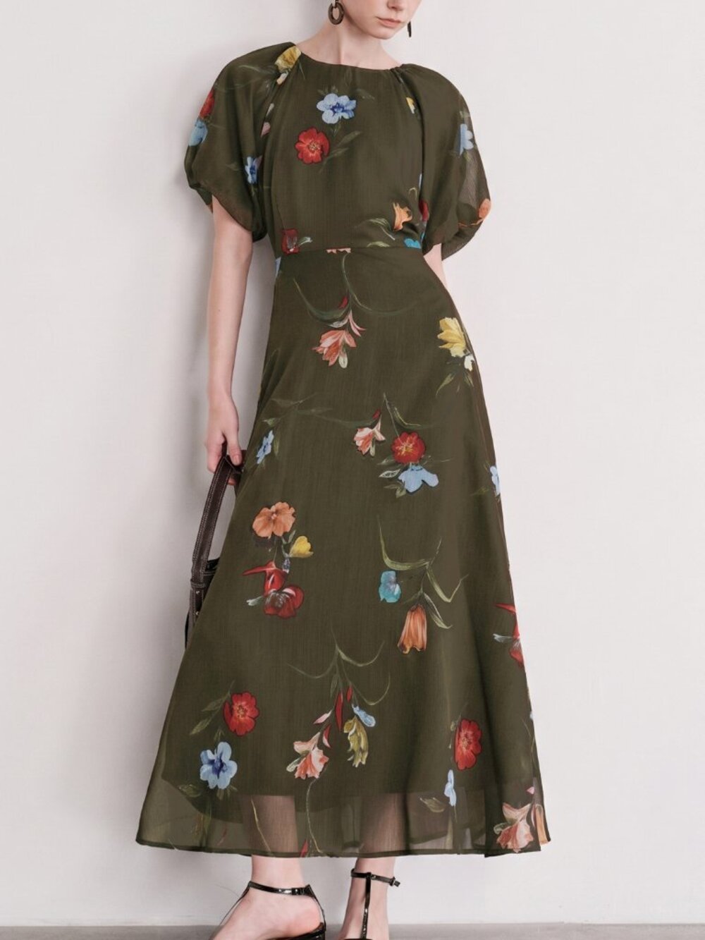 Dark Green Elegant Women's Chiffon Floral Print Round Neck Short Sleeve Dress